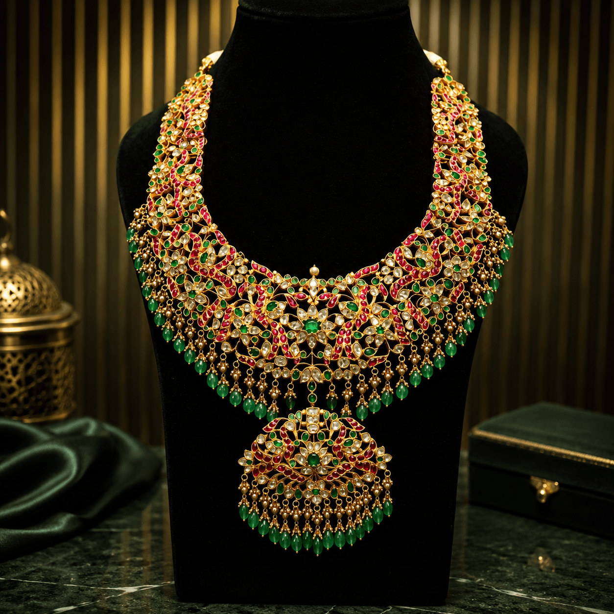 Grand Jadau Kundan & Ruby Bridal Collar with Medallion — Siddhivinayak Jewellers